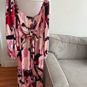 ELoquii  Floral Pink Tiered Flowy Cottage Peasent Puff Sleeves Maxi Dress 16